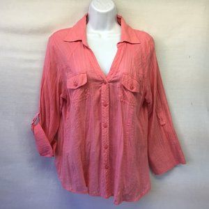 Love Potion Women's Top Pink Tab Sleeve Ribbed V Neck Buttons Blouse Tunic L